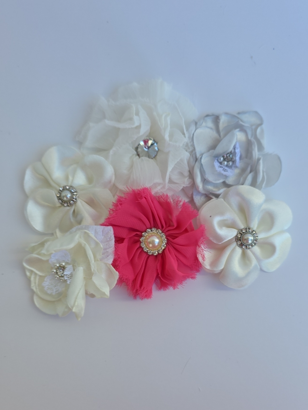 Kids Decorative Hair Clips - Hot Pink and Ivory Flower Set